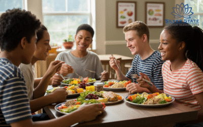 Five teenagers sit around a table, smiling and enjoying a healthy meal together in a bright dining room. Plates filled with fruits, vegetables, and grains support gut health—a key part of mood regulation. The Silver State Adolescent Treatment Center logo is visible.
