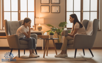 A young girl and a woman sit facing each other in armchairs, engaged in conversation in a therapy office—a safe space for teen emotional shutdown. Tissues and plants rest on the table. The Silver State Adolescent Therapy Center logo is visible in the corner.